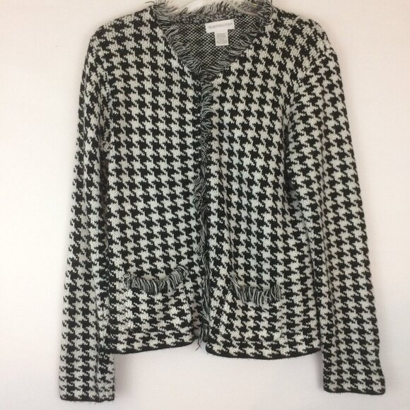 Worthington Womens Open Front Cardigan Size M Black White Houndstooth Fringes - Picture 7 of 11